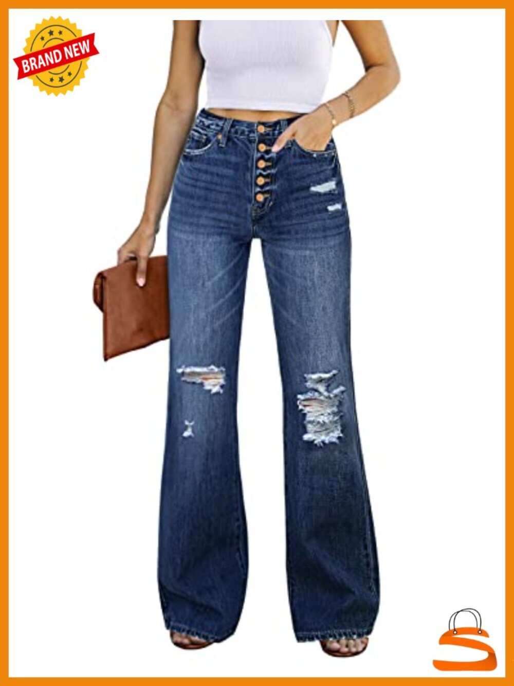 High Waist Relaxed Fit Ripped Flare Jeans Stretchy Denim Pants
